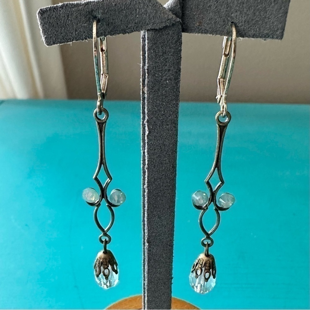 Dainty 2.75 Inch Long Drop Boho Victorian Bronze Tone Clear and Green Earrings
